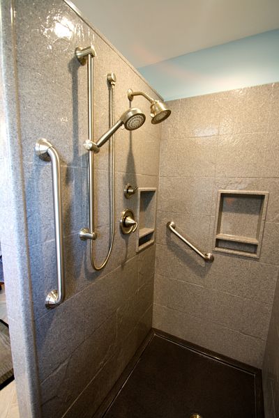 Shower stall with discount seat and grab bars